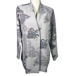 Peck & Peck Open Front Blazer Jacket L Gray Paisley‎ Floral Button Career Boho